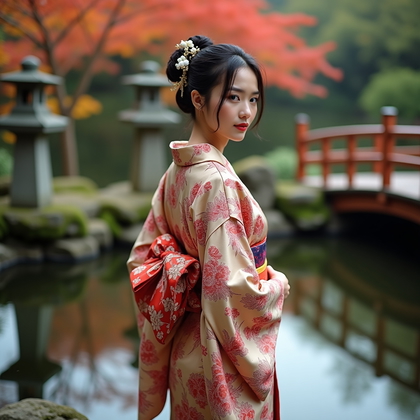 AI-generated photo: Fashion editorial photography, a traditional kimono portrait created beside a still garden pond with...