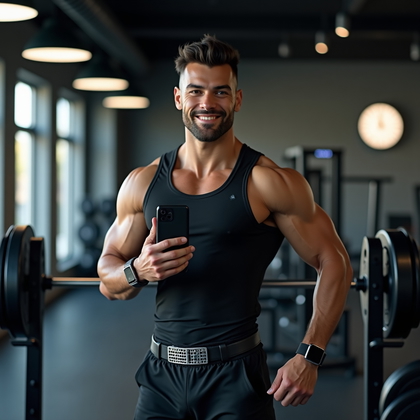 AI-generated photo: Photorealistic fitness photography of a waist-up mirror pump selfie in a high-end performance gym, f...