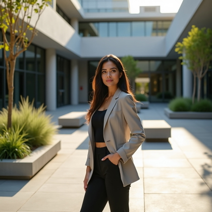 Editorial business hero photograph. Wide horizontal portrait in a minimalist corporate courtyard with geometric concrete seating and landscaped greenery, the subject standing confidently off-center with ample negative space for article text. Use refined professional clothing, warm late-afternoon light, clean architectural shadows, understated luxury styling, and a polished magazine-cover composition.