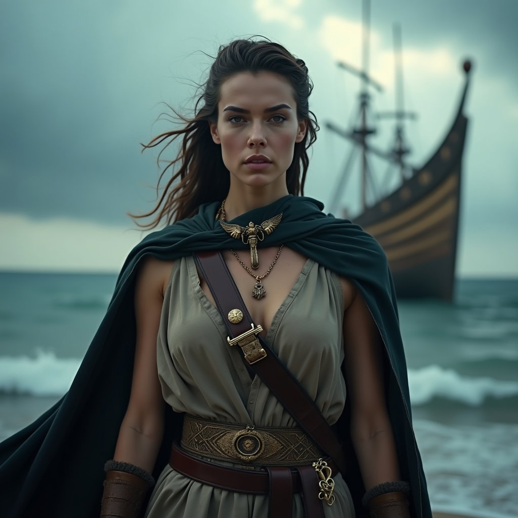 Solo Odysseus Storm Survivor Portrait example: Cinematic mythological editorial photography, a bold magazine-cover style hero image of an Odysseus-inspired survivor st