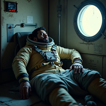 AI-generated photo: Photorealistic cinematic lunar base portrait photography. An extreme fatigue-and-survival close-up i...