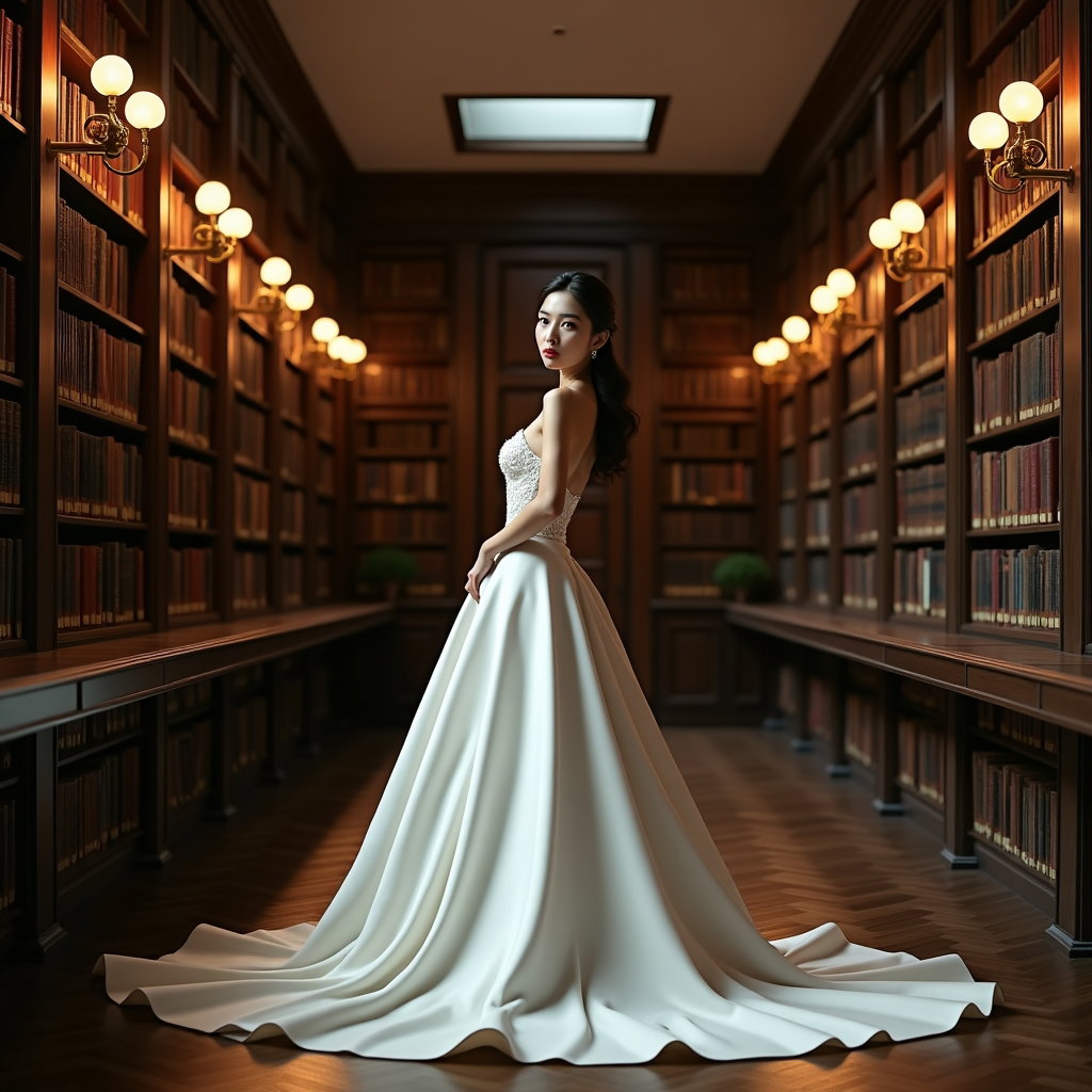 AI-generated photo: Photorealistic bridal fashion editorial photography; full-length portrait in a historic library aisl...