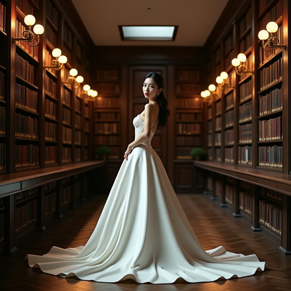 AI-generated photo: Photorealistic bridal fashion editorial photography; full-length portrait in a historic library aisl...