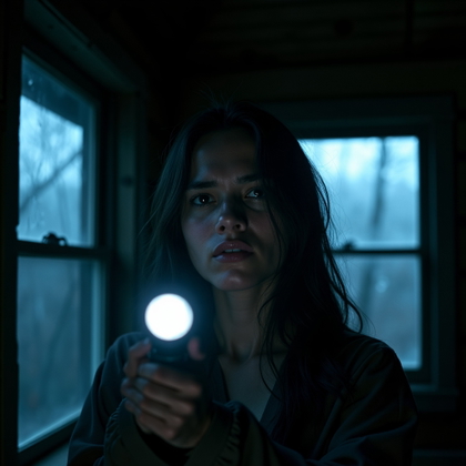 Flashlight-in-the-Dark Cabin Survivor example: Cinematic horror portrait photo. A tight close-up of the subject gripping a flashlight just below the chin, face clearly