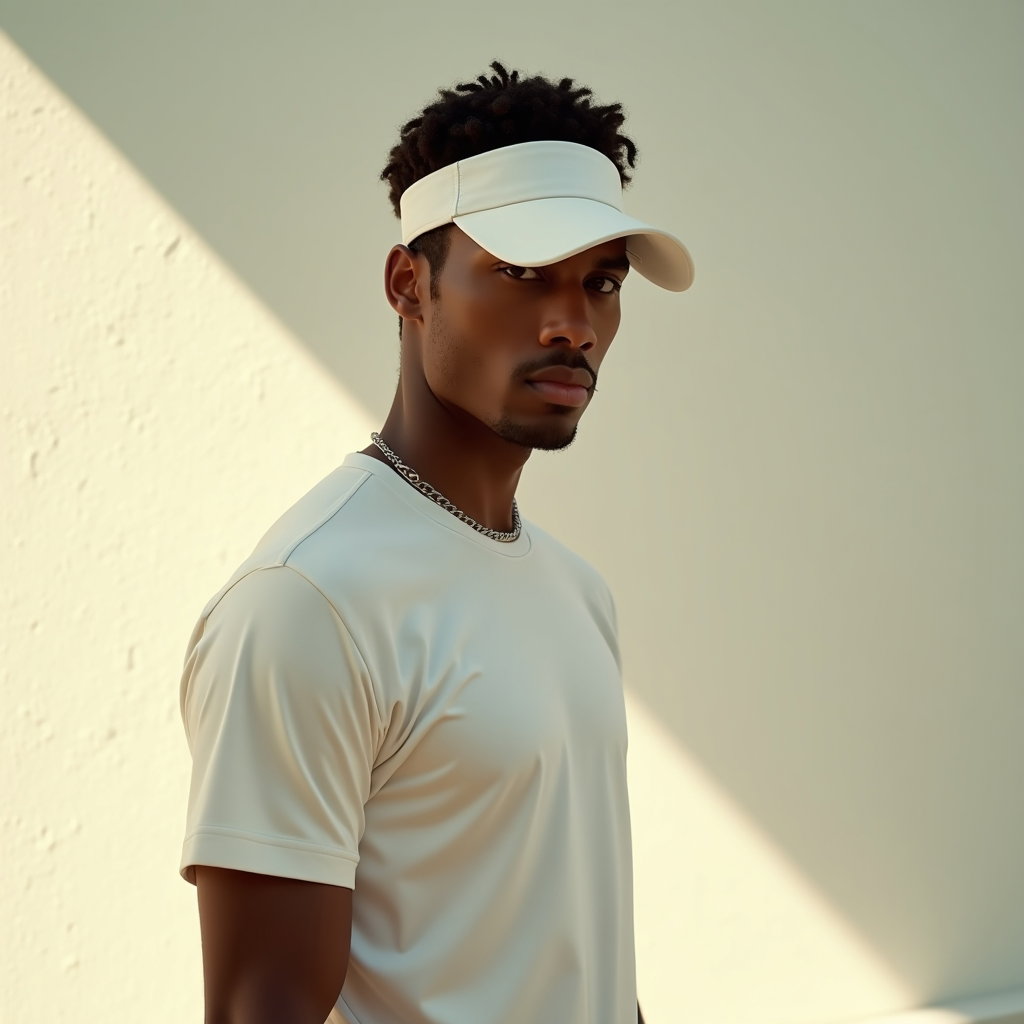 Close-Up Tenniscore Beauty Portraits With Visor or Cap example: Photorealistic editorial hero photography. High-fashion tenniscore portrait with a sleek visor, monochrome cream tennis