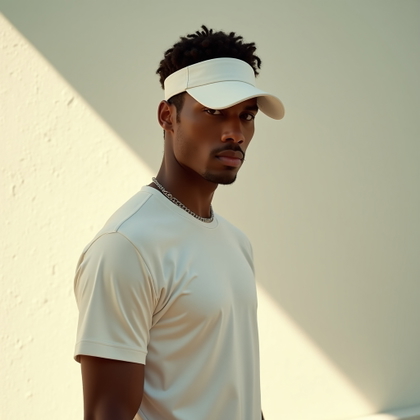 Close-Up Tenniscore Beauty Portraits With Visor or Cap example: Photorealistic editorial hero photography. High-fashion tenniscore portrait with a sleek visor, monochrome cream tennis 