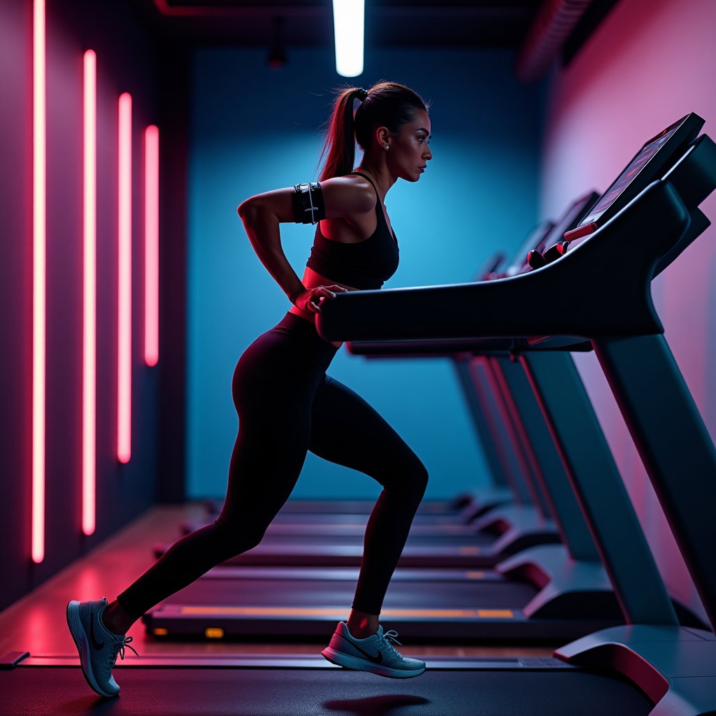 AI-generated photo: Photorealistic fitness photography — boutique black-box gym with LED lane stripes on the wall, tread...