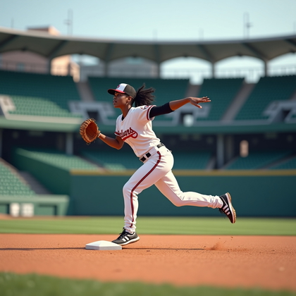 AI-generated photo: Photorealistic professional sports action photograph: inside a partially opened retractable-roof bal...