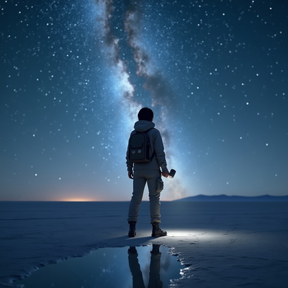 AI-generated photo: Photorealistic astrophotography-style image of an explorer standing on a flat salt plain, wide stanc...