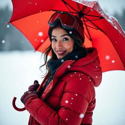AI-generated photo: Photorealistic fashion portrait: on an open snowfield during a gentle whiteout, the subject faces th...