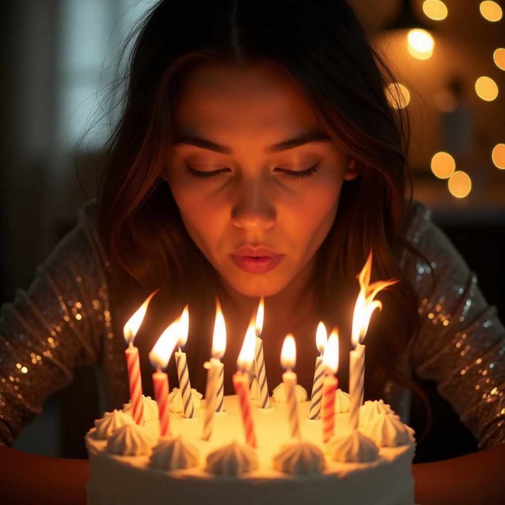 Candlelit Cake Birthday Close-Ups example: Photorealistic birthday portrait photography. Motion/action close-up of the subject blowing out birthday candles, cheeks