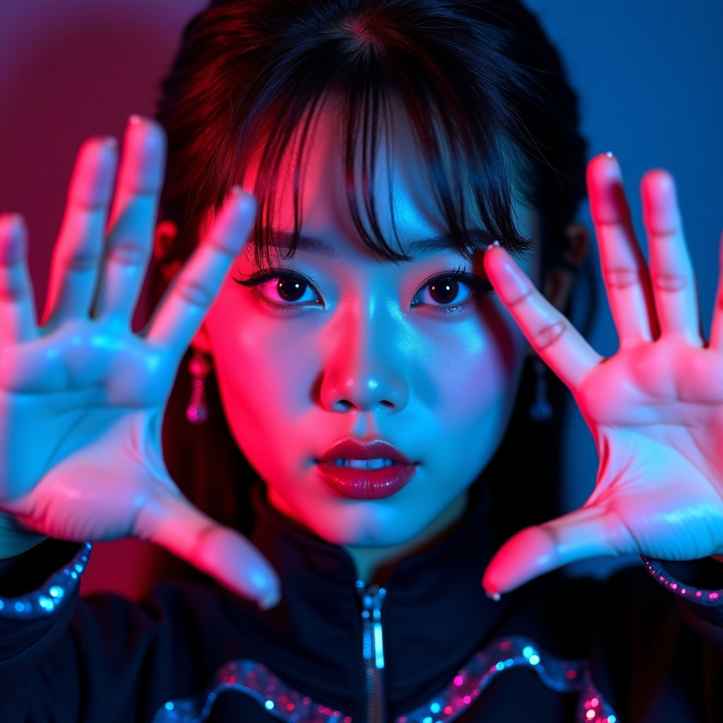 Dance-Pose Battle Portrait example: Cinematic K-pop fantasy portrait photography. Tight close-up dance-battle beauty portrait with the face clearly visible
