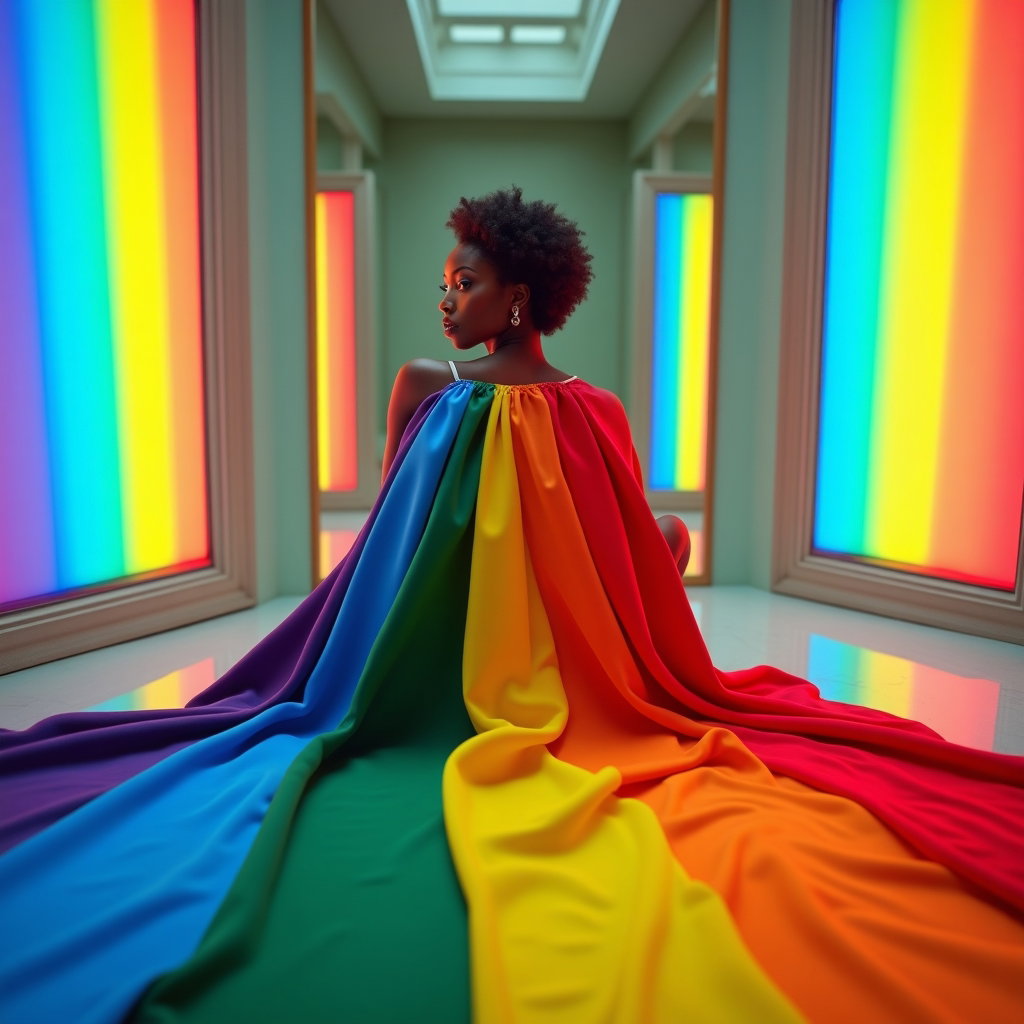 Rainbow Flag Cape Hero Portraits example: Photorealistic portrait photography. Unexpected creative portrait in a minimalist mirror room with rainbow light reflect