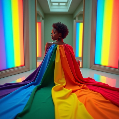 Rainbow Flag Cape Hero Portraits example: Photorealistic portrait photography. Unexpected creative portrait in a minimalist mirror room with rainbow light reflect