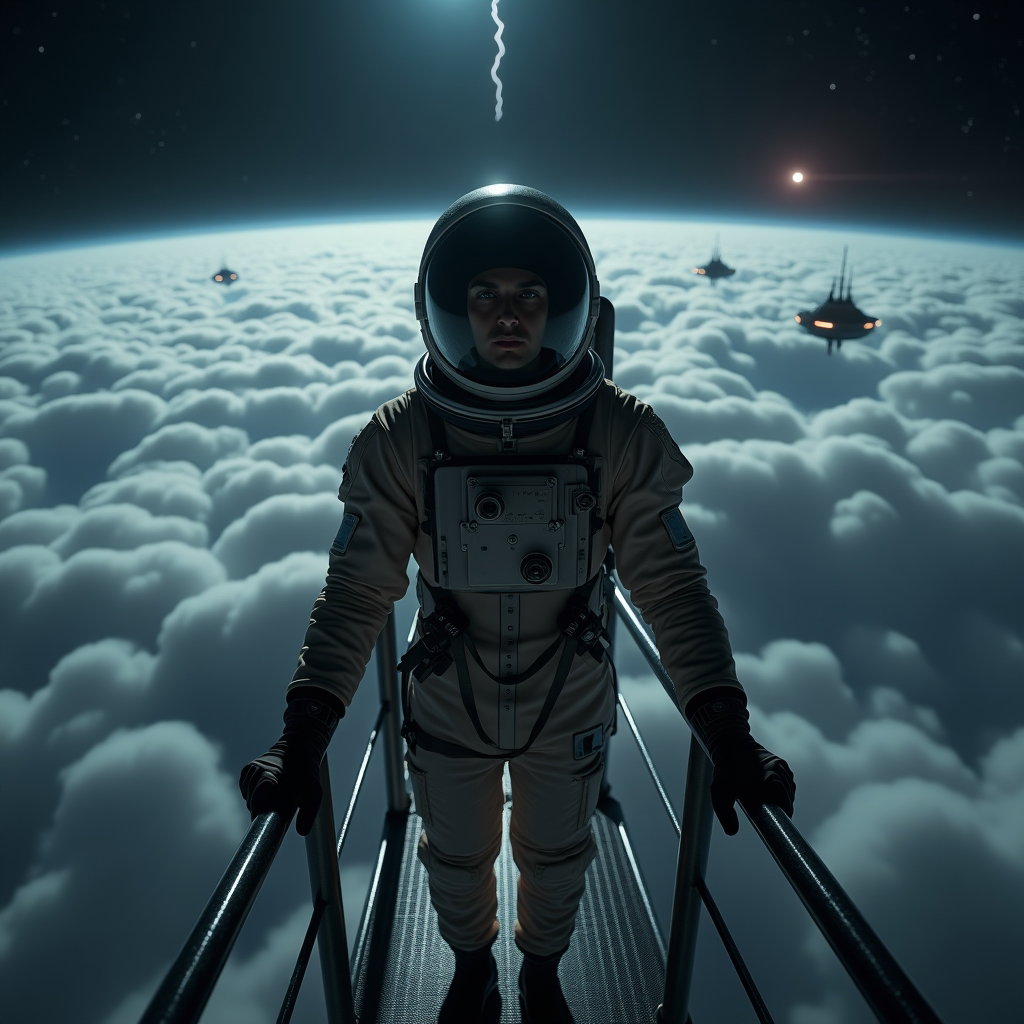 AI-generated photo: Photorealistic cinematic space photography. The explorer stands on the narrow metal gantry of a slen...