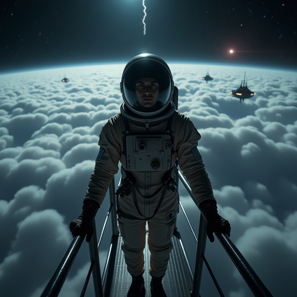 AI-generated photo: Photorealistic cinematic space photography. The explorer stands on the narrow metal gantry of a slen...