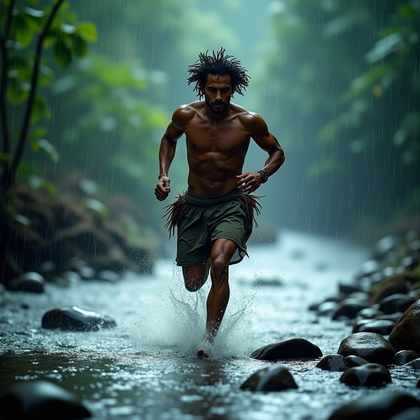 AI-generated photo: Photorealistic outdoor action portrait: In a torrential downpour, a primal runner in minimal fur wra...