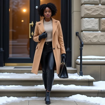 Arrivée en manteau d’hiver : scène professionnelle d’entrée par temps froid sur les marches d’un immeuble d’affaires à façade de pierre ; la personne s’arrête au milieu du pas en ajustant l’un de ses…