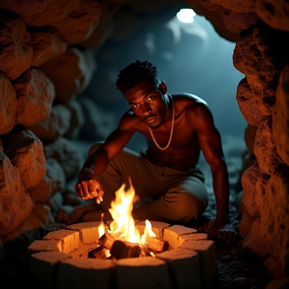 AI-generated photo: Photorealistic low-light portrait photography inside a cavern ringed with rough-hewn stones, a low f...