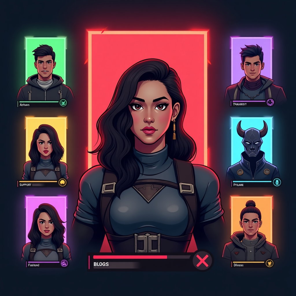AI-generated photo: Stylized high-end digital illustration in a premium MOBA/hero-shooter character select style, showca...