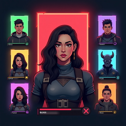 AI-generated photo: Stylized high-end digital illustration in a premium MOBA/hero-shooter character select style, showca...