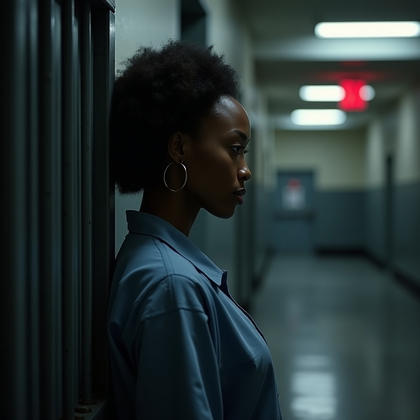 AI-generated photo: Photorealistic intake photography, side-profile composition in a dimly lit holding-area hallway, wit...