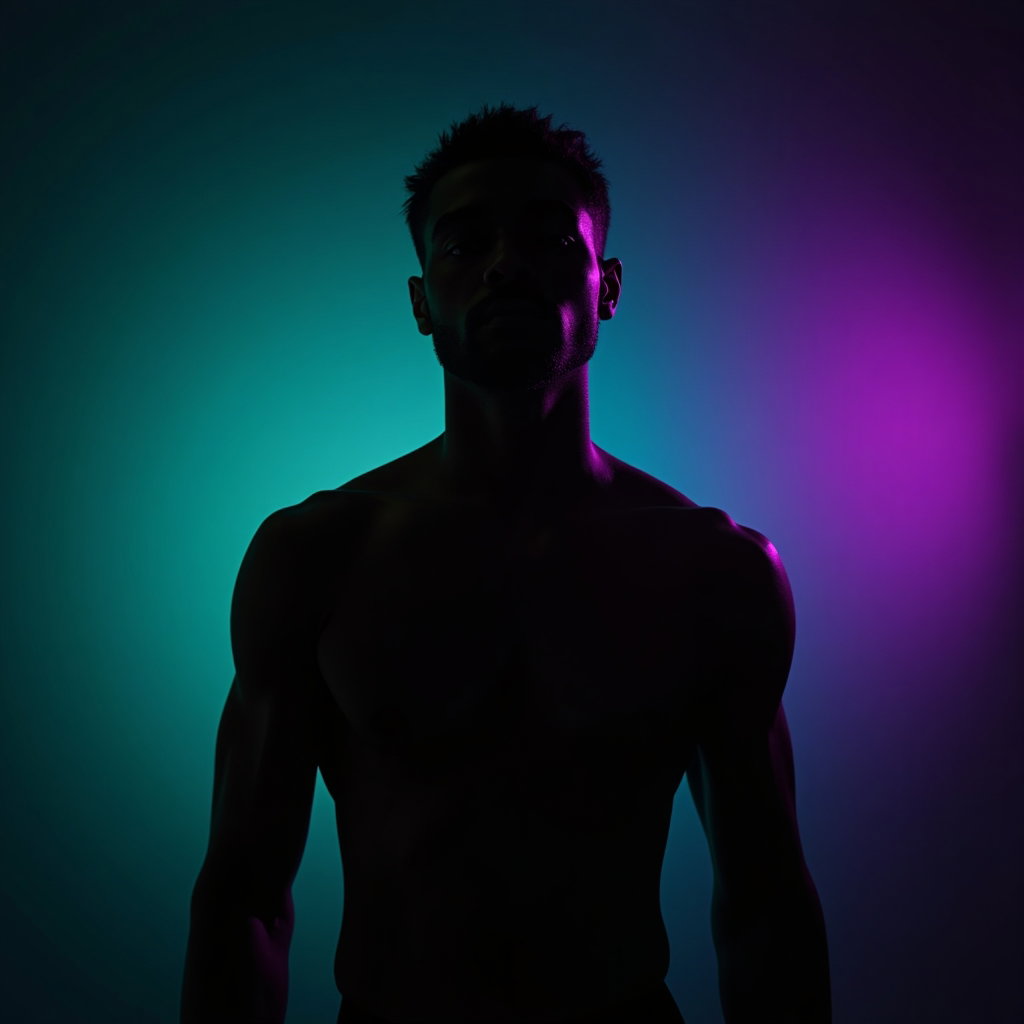 AI-generated photo: Photorealistic studio portrait photography. Three-quarter semi-silhouette portrait with the subject ...