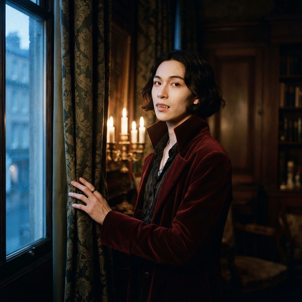 Velvet-Collar Vampire Portrait: Waist-up portrait near heavy drapes in an elegant old sitting room.
