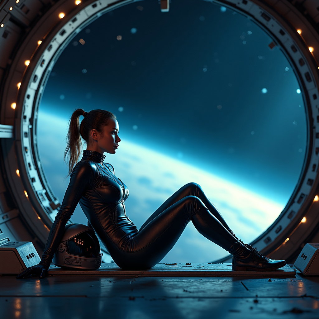 AI-generated photo: Photorealistic cinematic portrait of a futuristic space pilot lounging on the edge of an open cargo ...