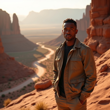 Photorealistic dating profile photo: dramatic desert overlook with sculpted red rock fins and a winding trail leading toward the horizon, the subject standing confidently near the edge in open shade with a relaxed, grounded stance, shoulders squared but easy, and direct, engaging eye contact. Late-day warmth wraps the scene with a golden rim along the edges of clothing while the face remains evenly lit from reflected light off pale sandstone, creating clean, flattering contrast and luminous catchlights. Wardrobe is adventure-polished (lightweight utility jacket over a breathable top, neutral trousers, and minimal accessories), dust motes glowing in the air for a cinematic touch. Compose with leading lines from the trail into the subject, a subtle diagonal horizon for energy, and a shallow depth-of-field that keeps the face tack-sharp against painterly, sun-baked rock textures.