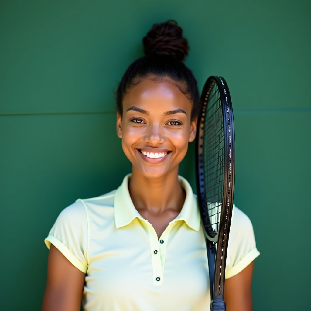 Off-Court Clubhouse Tenniscore Portraits example: Photorealistic profile avatar photography. Tight square-crop portrait with the subject centered against a clean clubhous