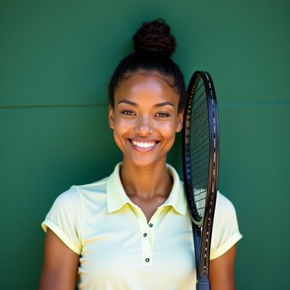 Off-Court Clubhouse Tenniscore Portraits example: Photorealistic profile avatar photography. Tight square-crop portrait with the subject centered against a clean clubhous