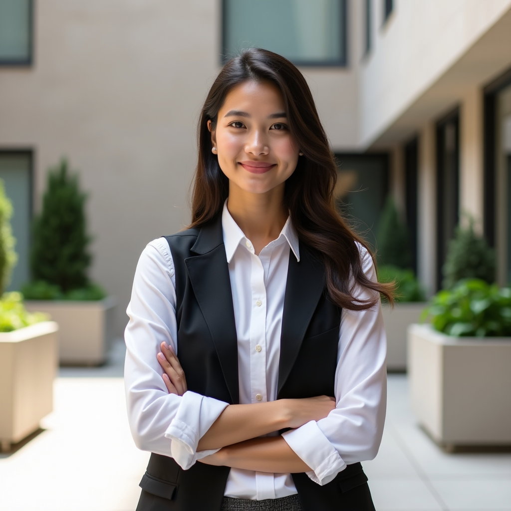 AI-generated photo: Professional headshot photograph in a corporate plaza against a pale limestone facade and neatly tri...