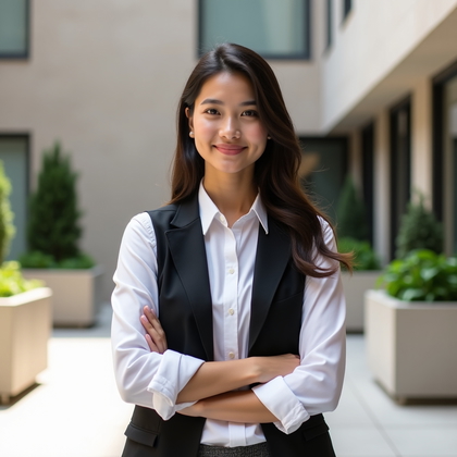 AI-generated photo: Professional headshot photograph in a corporate plaza against a pale limestone facade and neatly tri...