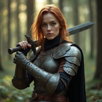 AI-generated photo: Cosplay photo featuring a character inspired by a medieval fantasy warrior, showcasing intricate lea...