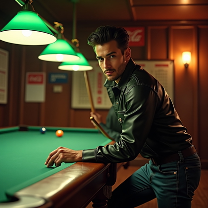 AI-generated photo: Photorealistic 1950s-style pool hall greaser portrait in a wood-paneled room with green-shaded lamps...