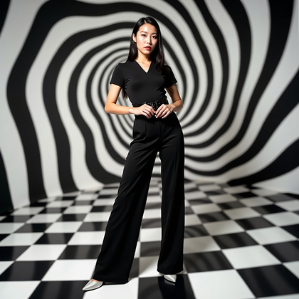 AI-generated photo: Photorealistic studio fashion photograph with a bold op-art spiral backdrop printed on matte paper a...