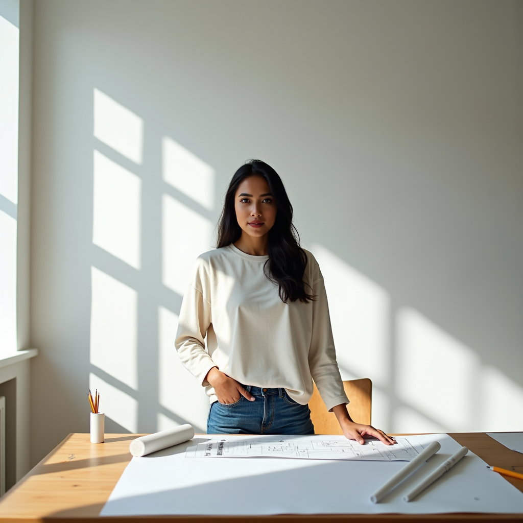 AI-generated photo: Photorealistic portrait photograph in a minimalist architect’s studio, a drafting table strewn with ...