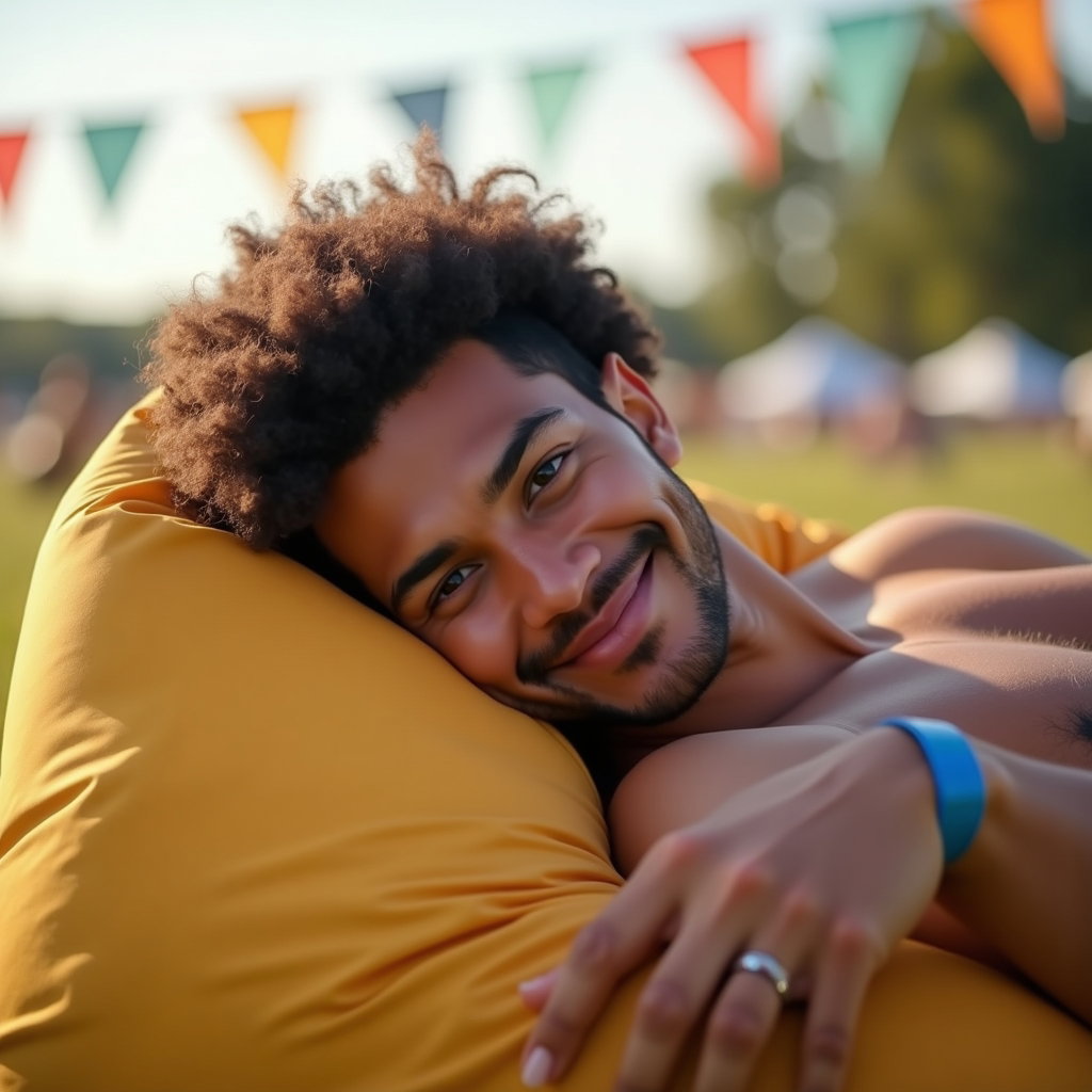 Relaxed Grass Lounge Portrait example: Photorealistic festival profile avatar photography. A clean vertical head-and-shoulders crop of the person reclining on