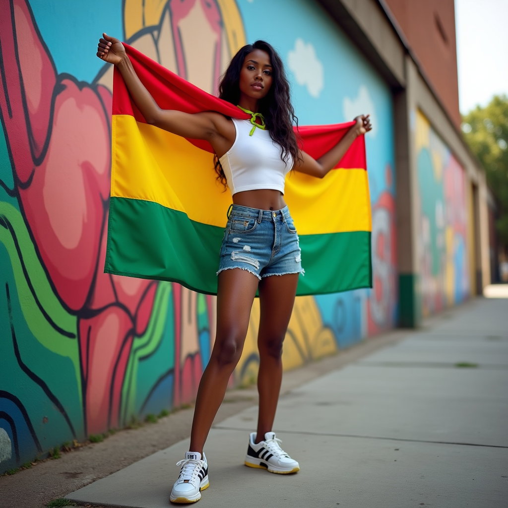 Heritage and Diaspora World Cup Fan Portraits example: Photorealistic full-body portrait photography. A single fan poses confidently on a city sidewalk with a flag worn like a