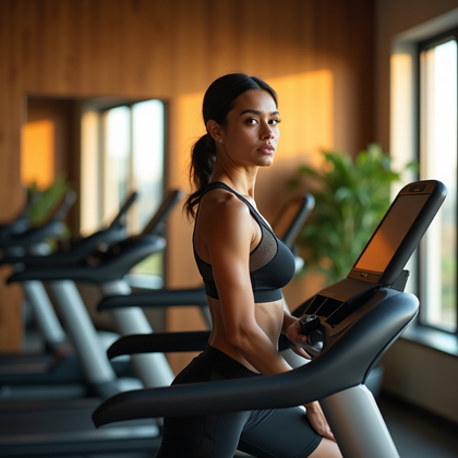 AI-generated photo: Photorealistic fitness photography — premium wellness gym with warm wood panels, lush plants, and go...