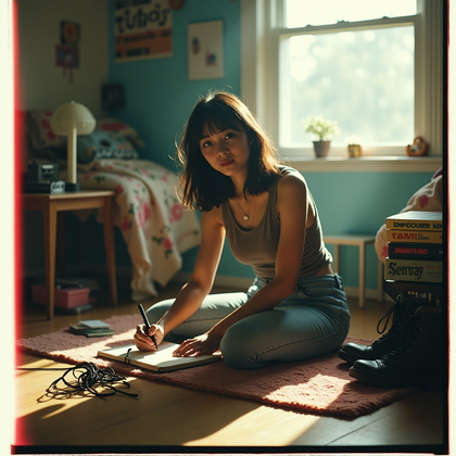 AI-generated photo: Instant film photo of a 1990s grunge bedroom as the subject kneels on a threadbare rug at a low milk...