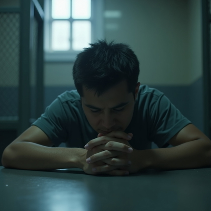 AI-generated photo: Photorealistic prison close-up showing the person seated at a metal table in the visitation area, le...