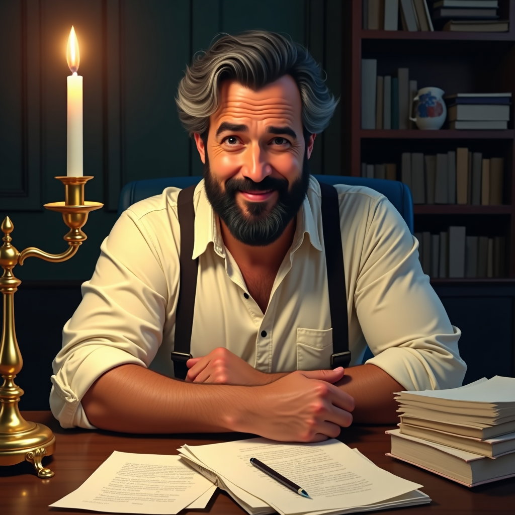 Candlelit Desk: Close seated three-quarter portrait at a messy wooden desk, the subject resting both forearms among crossed-out notes and open books, a…