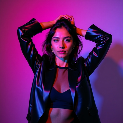 AI-generated photo: Photorealistic neon editorial portrait photo with a shattered-glass gobo gelled ultraviolet and neon...