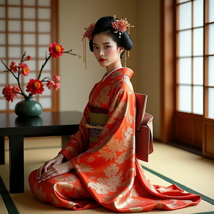 AI-generated photo: Fashion editorial portrait photography, a geisha-inspired beauty portrait staged in a serene tatami ...