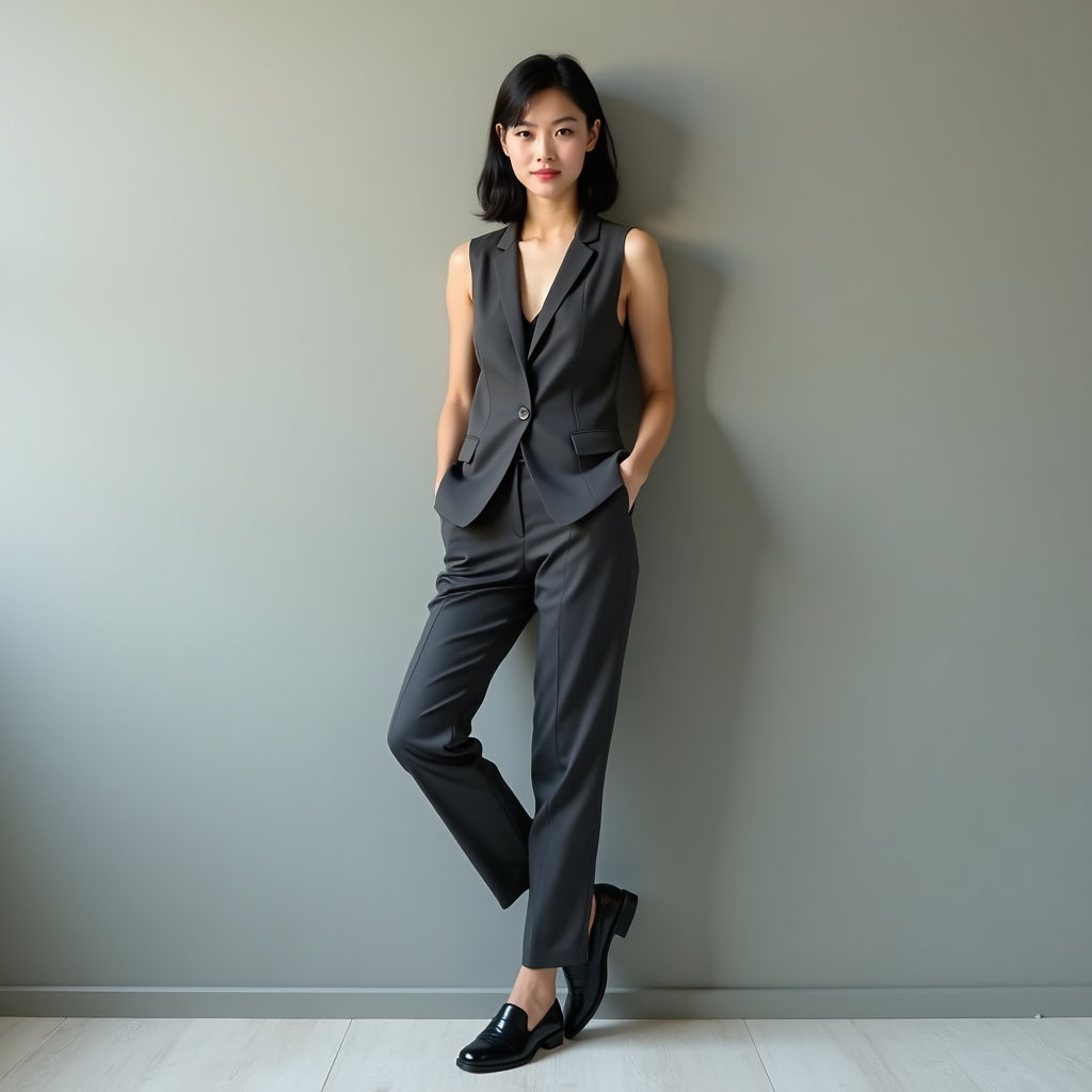 Smart Vest And Trousers: Three-quarter studio portrait against a matte dove-gray wall, framed from head to mid-calf.
