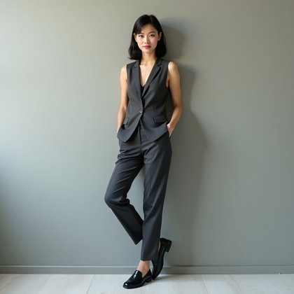 Gilet de tailleur et pantalon : portrait de studio aux trois quarts devant un mur gris colombe mat, cadré de la tête à mi-mollet.