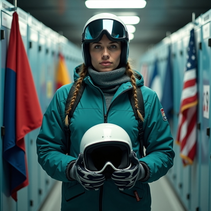 AI-generated photo: Photorealistic locker room portrait photograph. The athlete is in full winter competition gear excep...