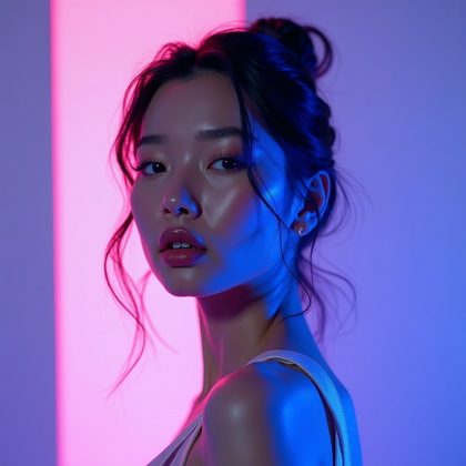 AI-generated photo: Photorealistic studio portrait. The subject is framed from mid-torso up in a clean studio, positione...